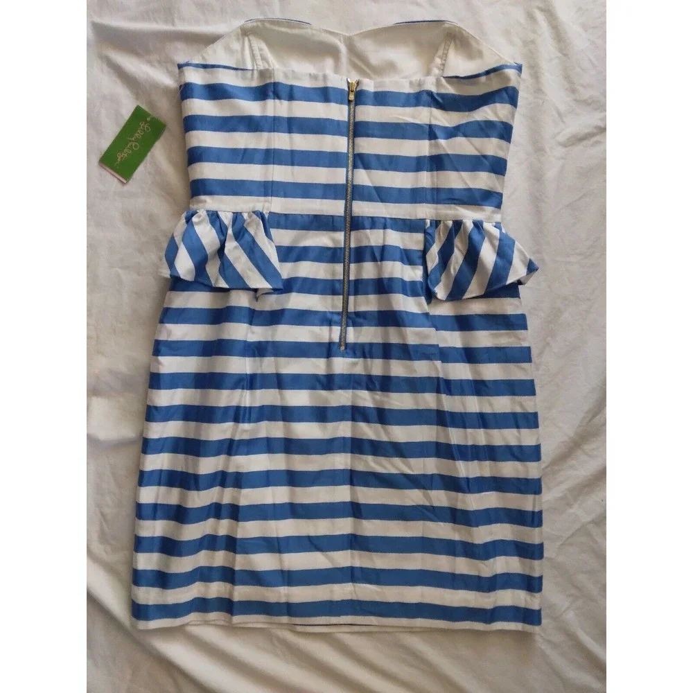 Lilly Pulitzer Maybell Dress Blue Swizzle Stripe Strapless Peplum Womens Size 10 - Picture 11 of 13